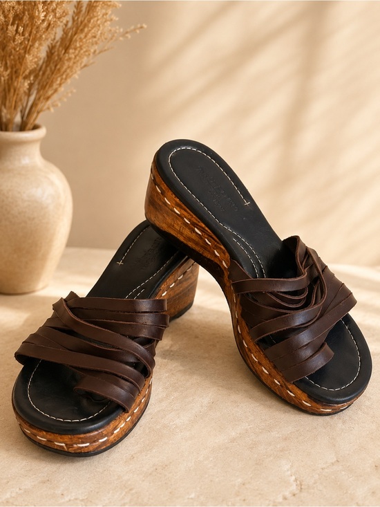 Shoes - Donald J Pliner Brown Leather Platform Mule Sandals Cork Heel Slides Sz 7.5